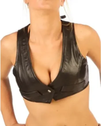 Women's Black Leather Crop Top - V-Neck Halter Style