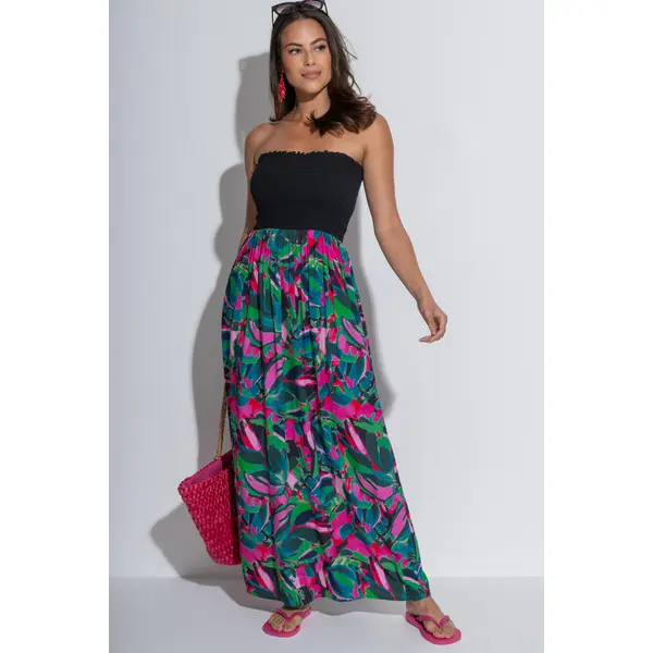 Emma Strapless Shirred Bodice Maxi Beach Dress - Black Multi