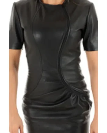 Lavish Soft Black Leather Midi Dress Zip Front with Sleeves MD885