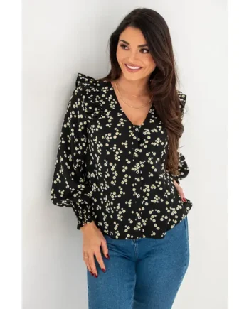 Maggie Fuller Bust Woven Button Through Frill Blouse - Black Ditsy