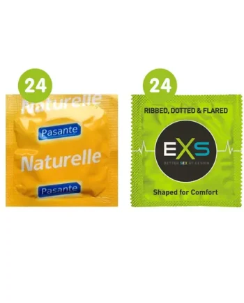 48 Mixed Condoms (24 x Pasante Naturelle & 24 x EXS Ribbed, Dotted)