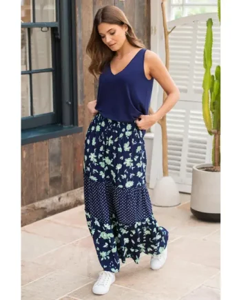 Tahlia Tiered Woven Maxi Skirt - Navy Floral