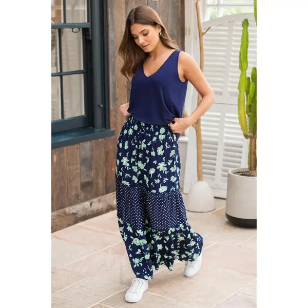 Tahlia Tiered Woven Maxi Skirt - Navy Floral