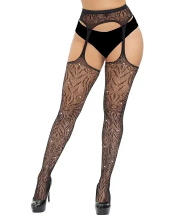 Lace by LJ Plus Size Suspender Pantyhose with Rhinestones