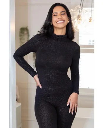 Second Skin Thermal Roll Neck Top - Glitter Black