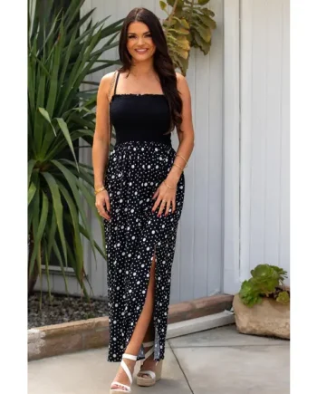 Strapless Shirred Split Maxi Beach Dress - Black/White