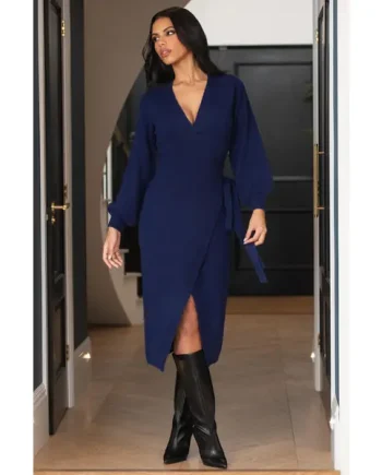 Elle Knit Midi Wrap Dress - Navy