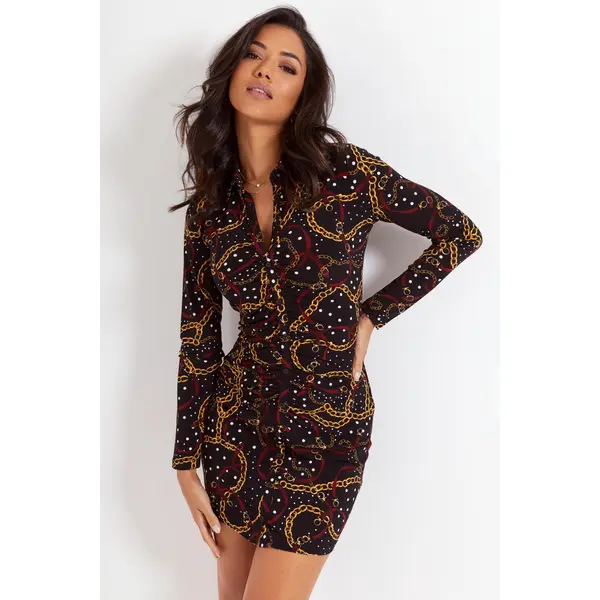 Brooke Fuller Bust Jersey Ruched Front Shirt Dress - Black/Gold