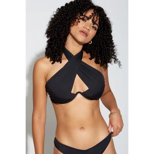 Space Halter Underwired Wrap Cut Out Bikini Top - Black