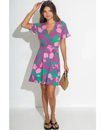 Birdie Stretch Viscose Jersey Wrap Front Dress - Green Pink Flower