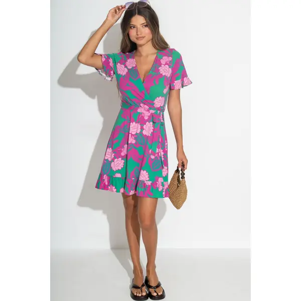 Birdie Stretch Viscose Jersey Wrap Front Dress - Green Pink Flower