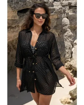 Chevron Stripe Button Through Beach Shirt - Black