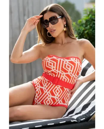 Casablanca Strapless Belted High Leg Tummy Control Swimsuit - Orange