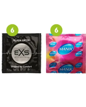 12 Mixed Condoms - 6 x Mates Manix Natural + 6 x EXS Black Latex