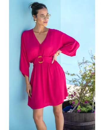 Crinkle O-Ring Woven Beach Kaftan - Fuchsia