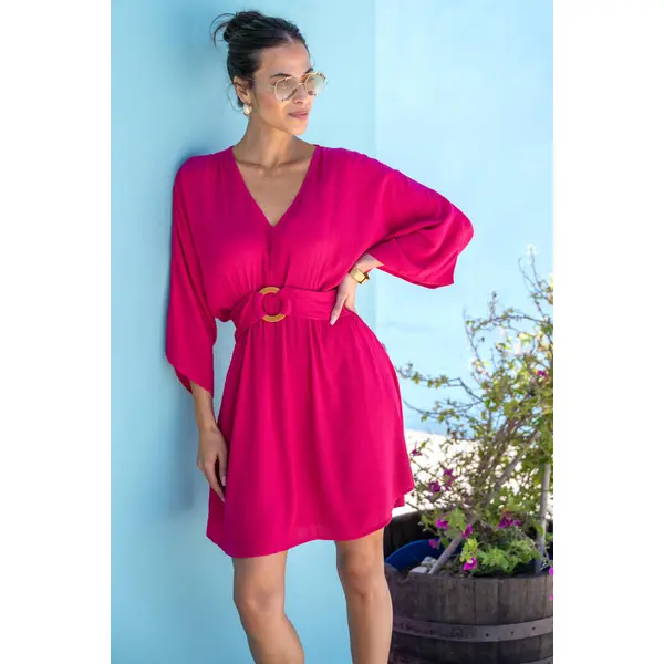 Crinkle O-Ring Woven Beach Kaftan - Fuchsia
