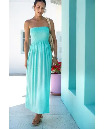 Emma Strapless Shirred Bodice Maxi Beach Dress - Aqua/White