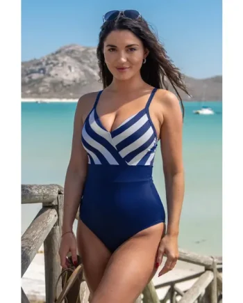 High Line V Neck Tummy Control Swimsuit - Navy/White