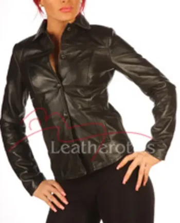 Ladies Black Leather Dress Shirt Top Full Sleeve