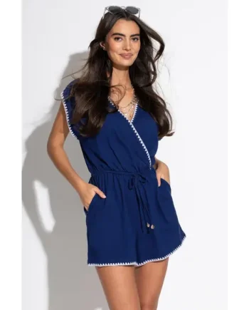 Raya Cotton Slub Jersey Blanket Stitch Playsuit - Navy