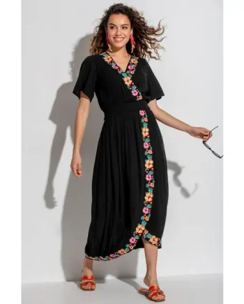 Crinkle Embroidered Beach Dress - Black/Multi