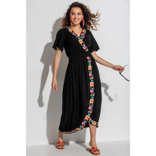 Crinkle Embroidered Beach Dress - Black/Multi