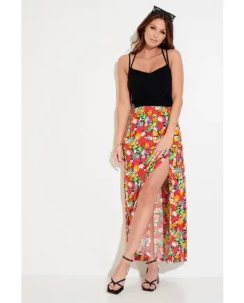 Cross Back Strappy Jersey Woven Mix Maxi Beach Dress - Pink/Red/Black