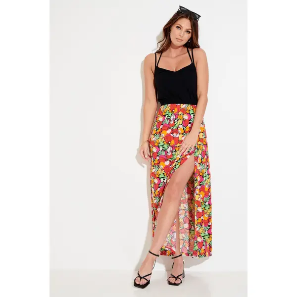 Cross Back Strappy Jersey Woven Mix Maxi Beach Dress - Pink/Red/Black