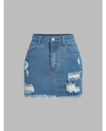 Ripped Raw Cut Denim Skirt