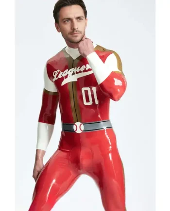 Latex Male Leaguers Baseball Look Shoulder Zip Catsuit