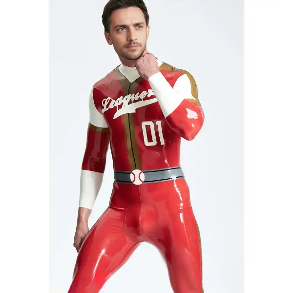 Latex Male Leaguers Baseball Look Shoulder Zip Catsuit