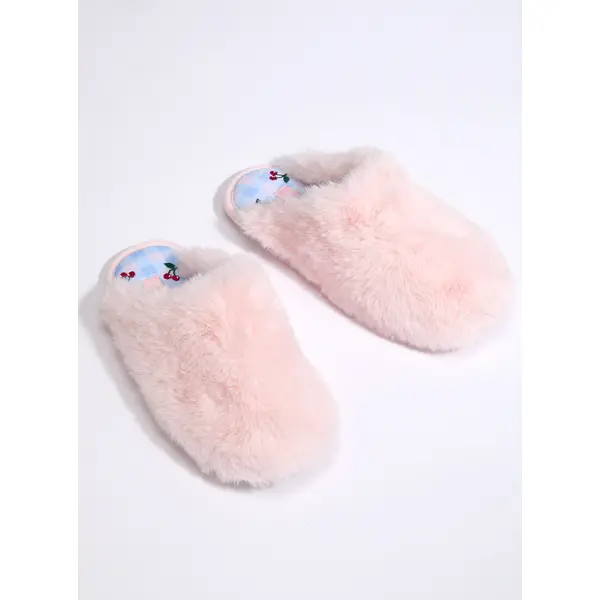 Plush cherry embroidered sole mule slippers