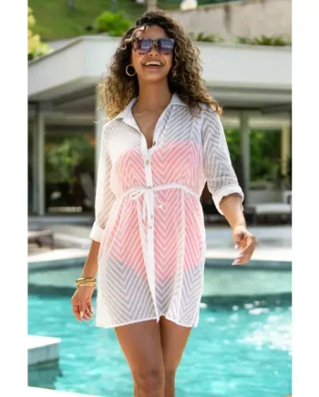 Chevron Stripe Button Through Beach Shirt - White