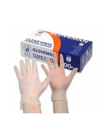 Box of 100 Gloveman Lightly Powdered Clear Vinyl Gloves