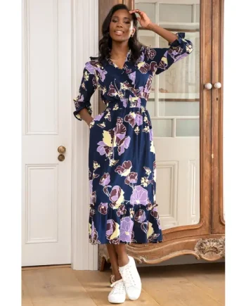 Maggie Fuller Bust Woven Frill Midi Dress - Navy Floral