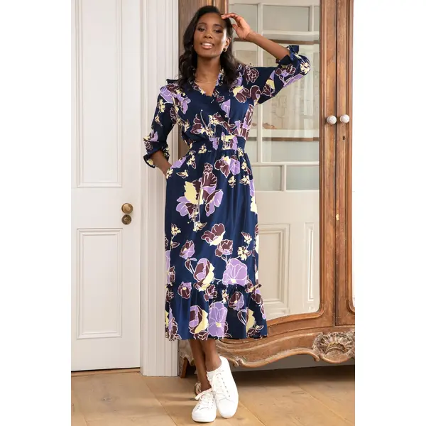 Maggie Fuller Bust Woven Frill Midi Dress - Navy Floral