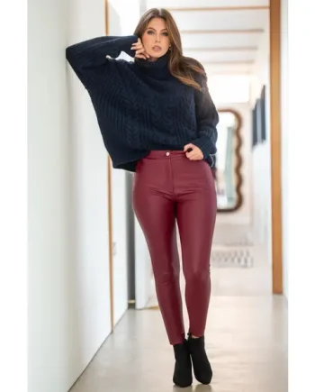 Elise Stretch Faux Leather Skinny Trouser - Berry