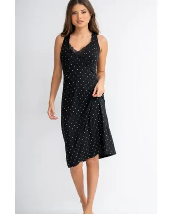 Sofa Loves Lace Plunge Hidden Mesh Support Soft Jersey Midi Chemise - Black/White Spot