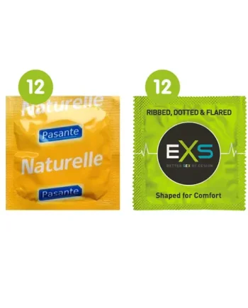 24 Mixed Condoms (12 x Pasante Naturelle & 12 x EXS Ribbed, Dotted)