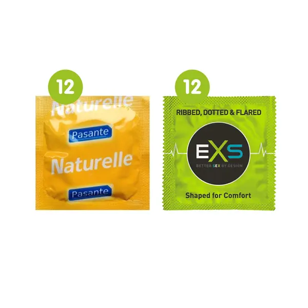 24 Mixed Condoms (12 x Pasante Naturelle & 12 x EXS Ribbed, Dotted)