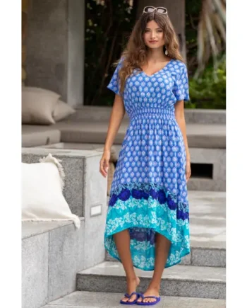 Midaxi Print Beach Summer Dress - Ultramarine/Aqua