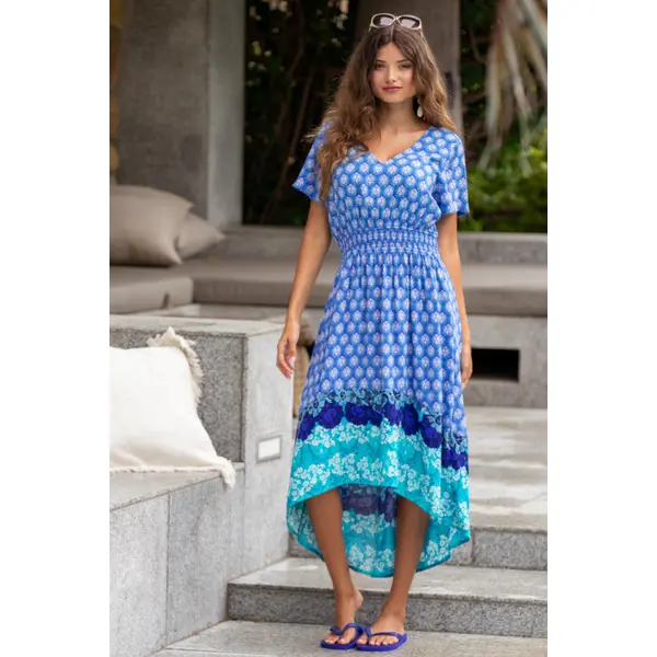 Midaxi Print Beach Summer Dress - Ultramarine/Aqua
