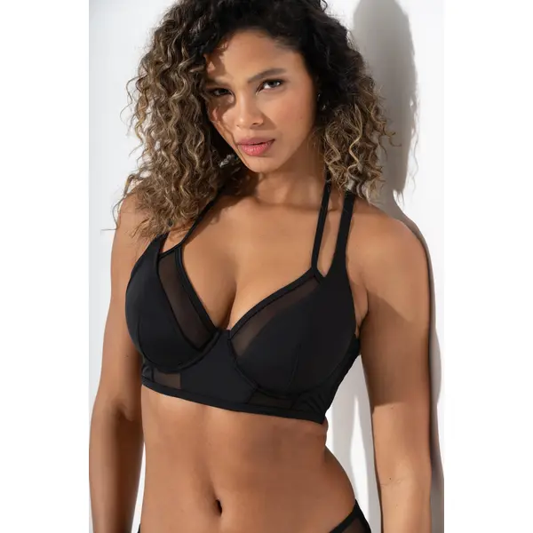 Sydney Underwired Mesh Longline Double Strap Bikini Top - Black