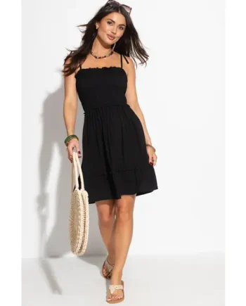 Mia Strapless Shirred Bodice Frill Beach Dress - Black