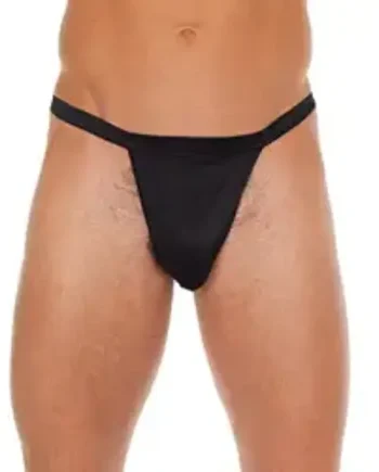 Mens Black Straight GString With Black Pouch