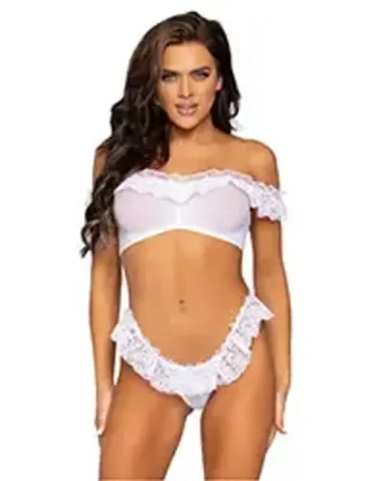 Leg Avenue Lace Ruffle Crop Top and Panty UK 6 to 12