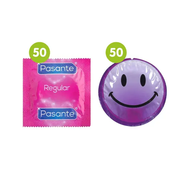 100 Mixed Condoms - 50 x Pasante Regular + 50 x EXS Smiley Faces