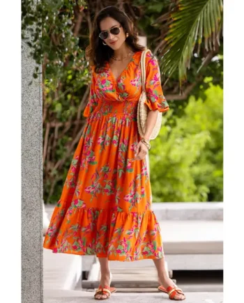 Carmen Fuller Bust Elasticated Neckline Woven Midaxi Dress - Zest