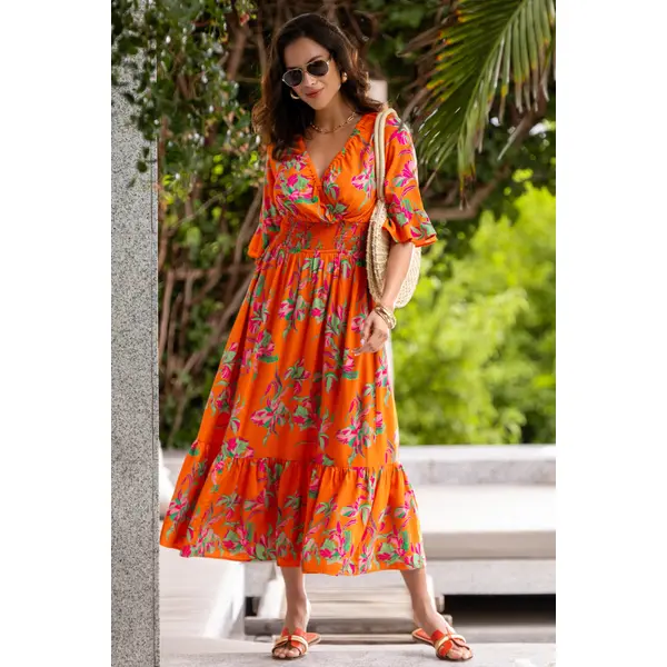 Carmen Fuller Bust Elasticated Neckline Woven Midaxi Dress - Zest