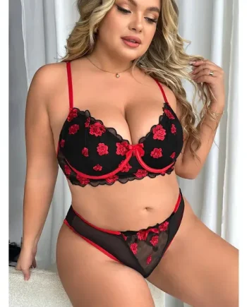 Plus Floral Embroidery Scallop Trim Mesh Underwire Lingerie Set
